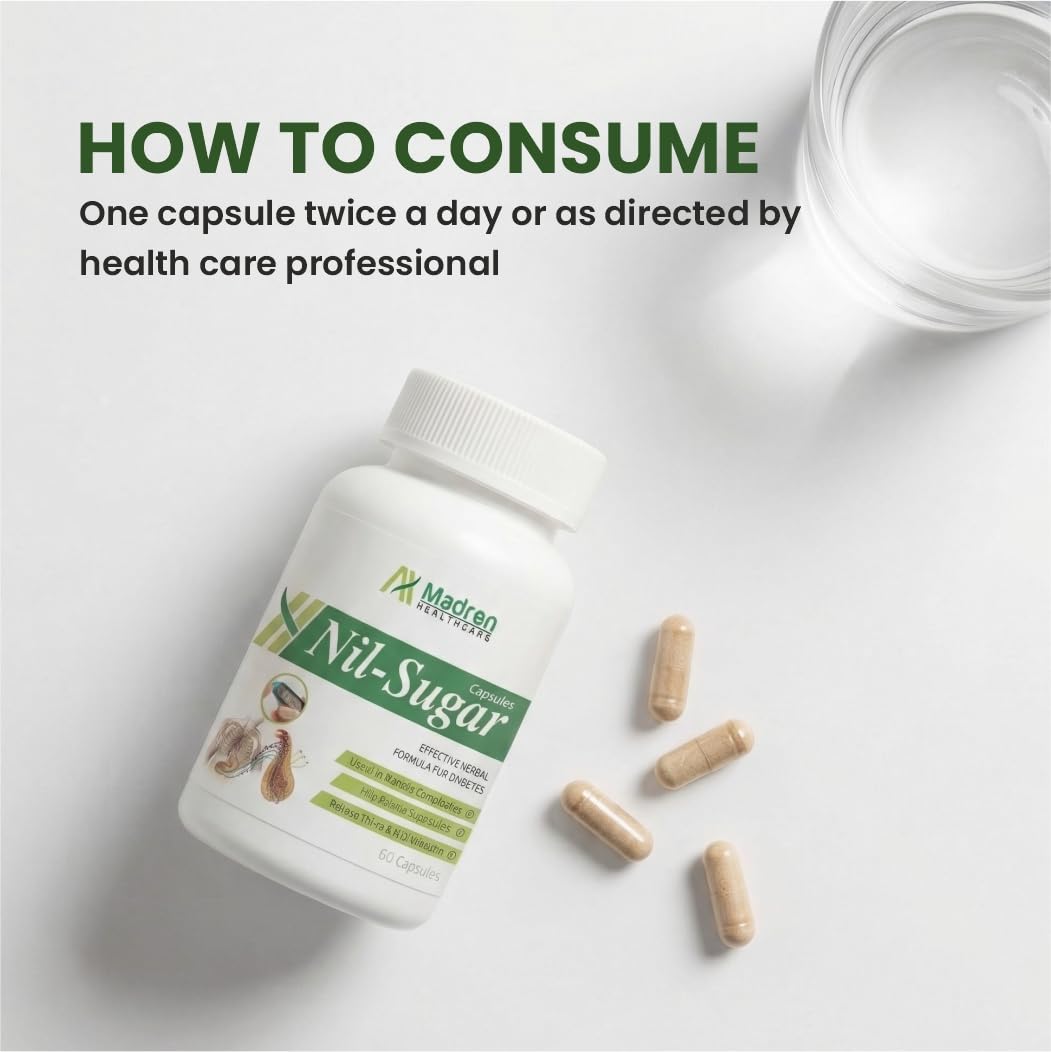 Madren Healthcare Nil Sugar (60 Capsules) Effective Herbal Formulation | Helps Maintain Sugar Levels | yurvedic Herbal Formula with Karela, Jamun, Vijayasar, Neem & Shilajit | Supports Healthy Glucose Metabolism & Energy