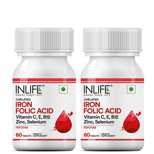 INLIFE Chelated Iron Folic Acid Supplement with Vitamin C, E, B12, Zinc & Seleni