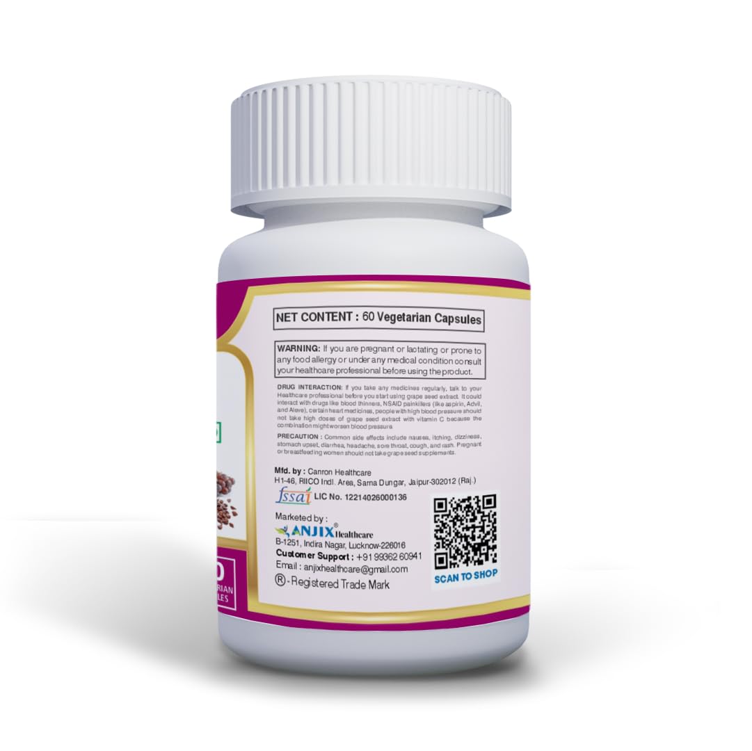 ANJIX Grapes Seed Extract 500mg Capsules, Antioxidant Supplement, Promote Healthy Hair And Skin And Good Health, Healthy Cholesterol Level, Boost Immunity, 60 Veg capsules