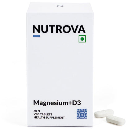 Nutrova Magnesium+D3 | With Magnesium Bisglycinate & Vitamin D3 | Supports Better Sleep, Mood, Energy & Muscle Recovery | High Absorption Formula | Gentle on Stomach | 60 Veg Tablets