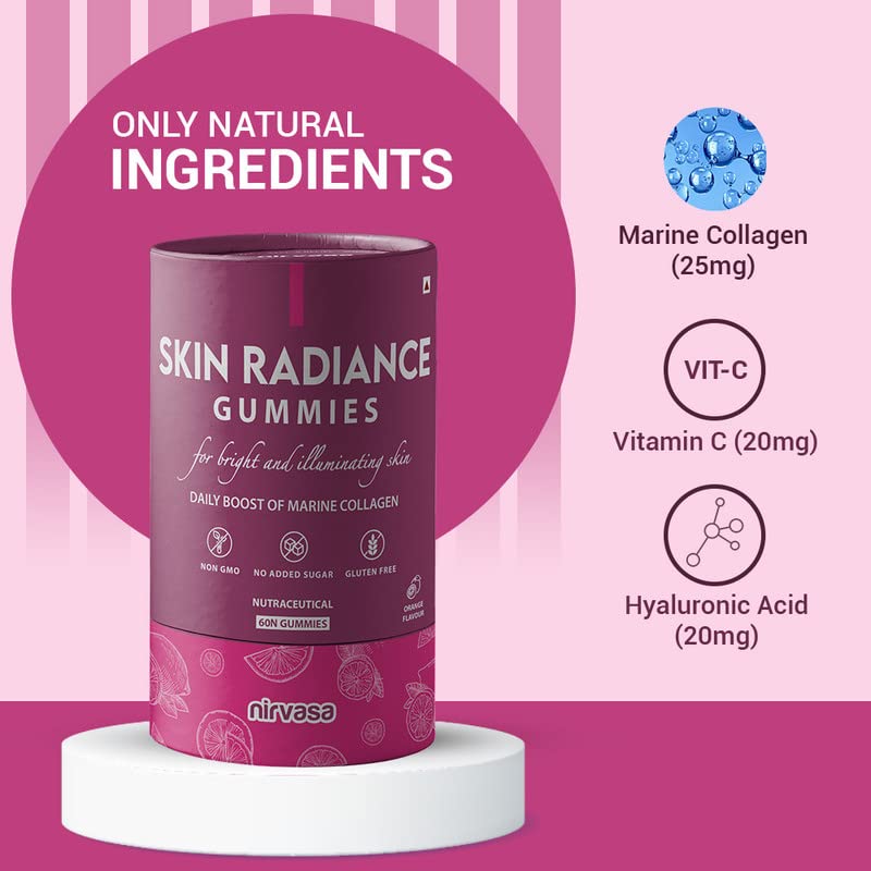 Nirvasa Skin Radiance Gummies Skin Marine Collagen Builder| 60 Gummy Pack | Vitamin C & E, Hyaluronic Acid, Glutathione | Collagen Gummies For Women & Men | Super tasty |Gluten, Gelatin Free