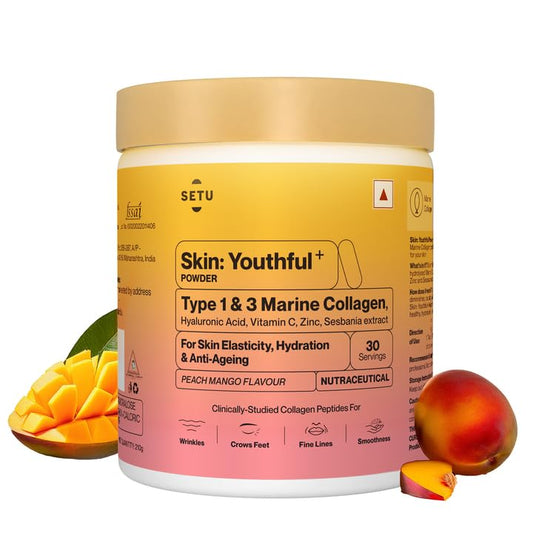 Setu Skin: Youthful Marine Collagen Powder (210g) | Collagen Supplements for Women & Men | Hydrolyzed Type 1 & 3 Collagen for Healthy Skin, Hair & Nails | Peach Mango Flavor