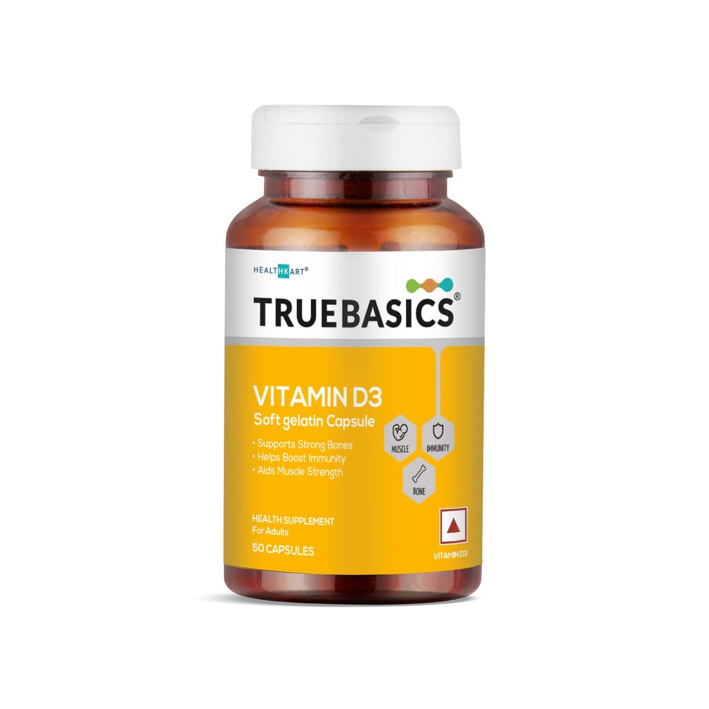 TrueBasics Vitamin D3 600 IU, for Healthy Bones, Strong Muscles, Boosts Immunity & Calcium Absorption, 50 Vitamin D Capsules