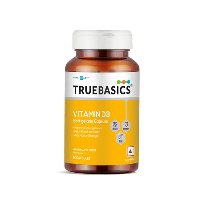 TrueBasics Vitamin D3 600 IU, for Healthy Bones, Strong Muscles, Boosts Immunity & Calcium Absorption, 50 Vitamin D Capsules