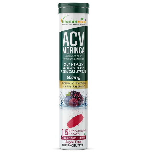 Vitaminnica ACV Moringa 15 Effervescent Tablets | Apple Cider Vinegar + Moringa for Detox, Weight Management & Gut Health | Fast-Absorbing, Zero Sugar (Pack of 1, Mixberries)