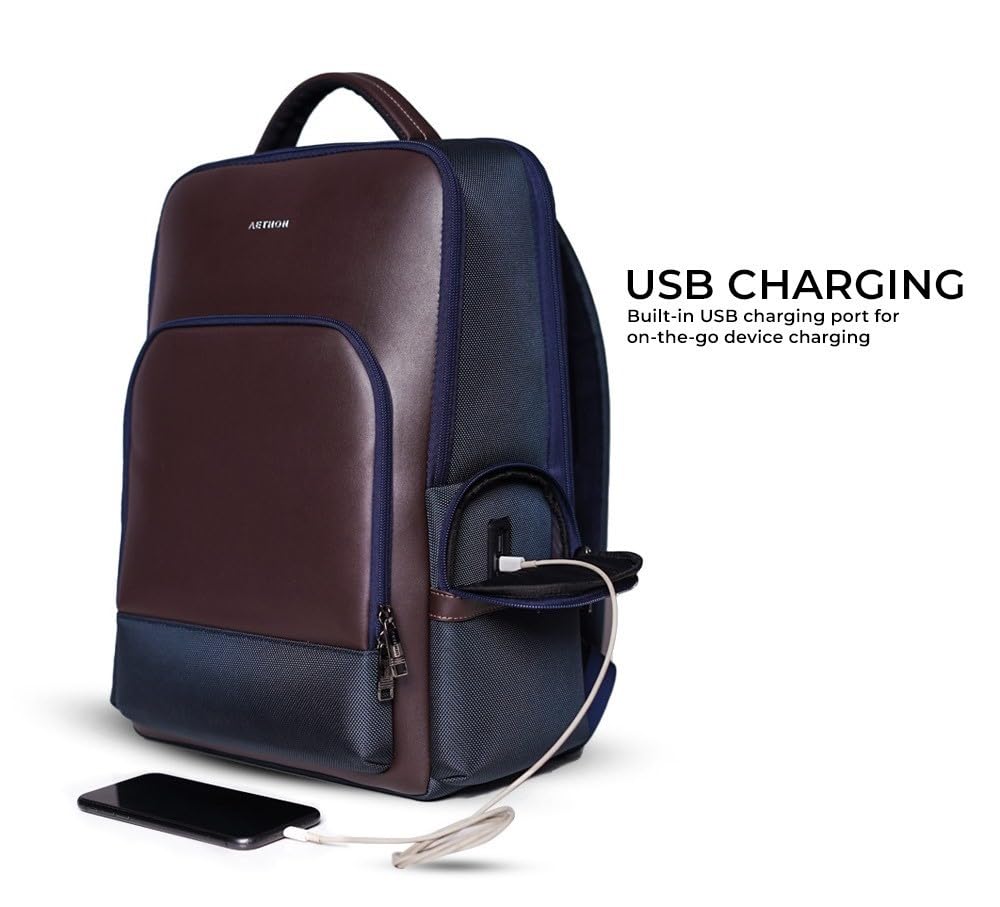 AETHON | Krossover 15.6-Inch Laptop Backpack | Water-Resistant with Multiple Pockets for Office, Travel | Shoulder Bag Made with Vegan Microfiber Leather (BLUE + BROWN)
