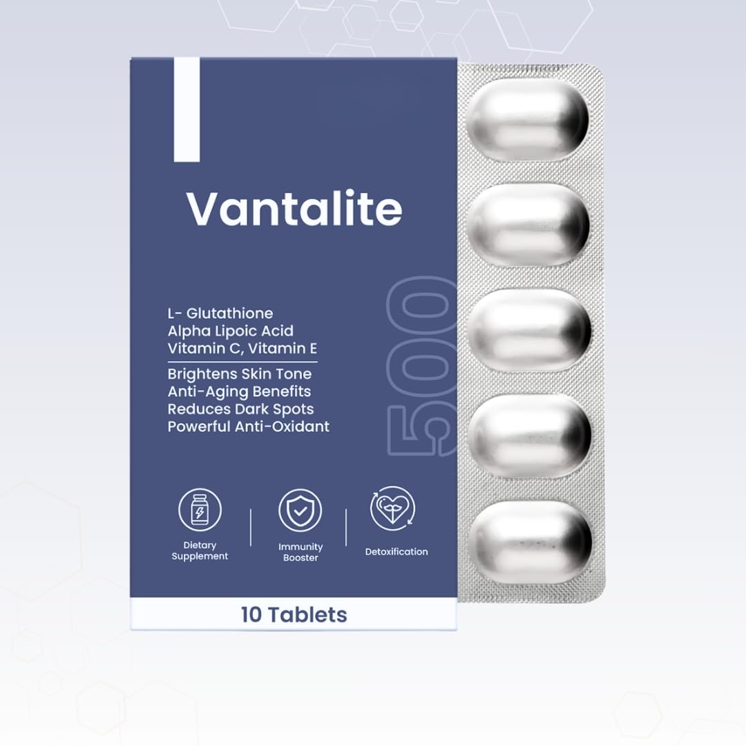 Vantalite L Glutathione Tablets for Skin Whitening 500mg | Glutathione Supplement with Alpha Lipoic Acid, Vitamin C, Vitamin E For Glowing Skin | Anti-Aging Antioxidant | Vegan | 10 Tablets
