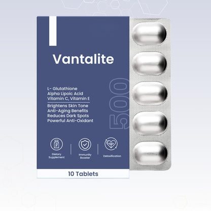 Vantalite L Glutathione Tablets for Skin Whitening 500mg | Glutathione Supplement with Alpha Lipoic Acid, Vitamin C, Vitamin E For Glowing Skin | Anti-Aging Antioxidant | Vegan | 10 Tablets