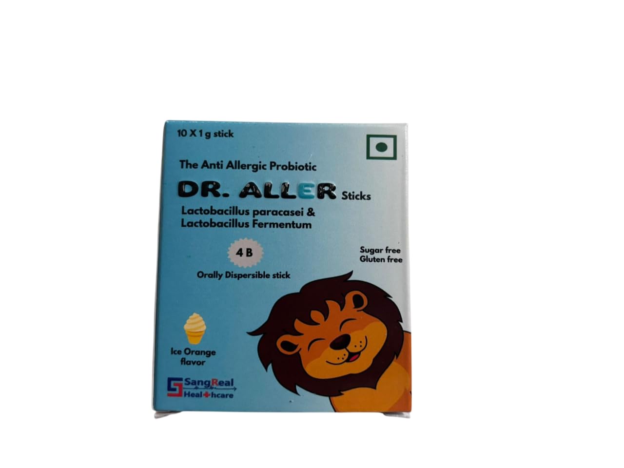 DR ALLER Anti Allergic Probiotic Stick, Pack of 10 sticks of 1g each. Lacobacillus Fermentum and Lactobacillus Paracasei. Ice Orange flavor. Gluten & Sugar free.
