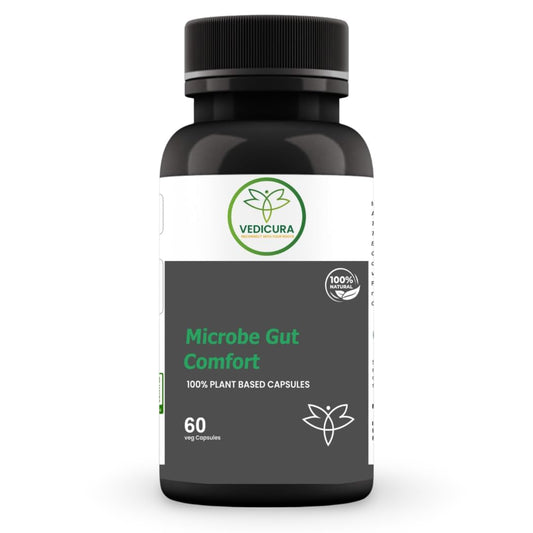 Vedicura Microbe Gut Comfort: Digestive Wellness Support with Ayurvedic Herbs - Sena, Triphala, Amaltash Blend for Men & Women - 60 Caps