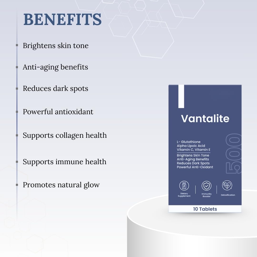 Vantalite L Glutathione Tablets for Skin Whitening 500mg | Glutathione Supplement with Alpha Lipoic Acid, Vitamin C, Vitamin E For Glowing Skin | Anti-Aging Antioxidant | Vegan | 10 Tablets