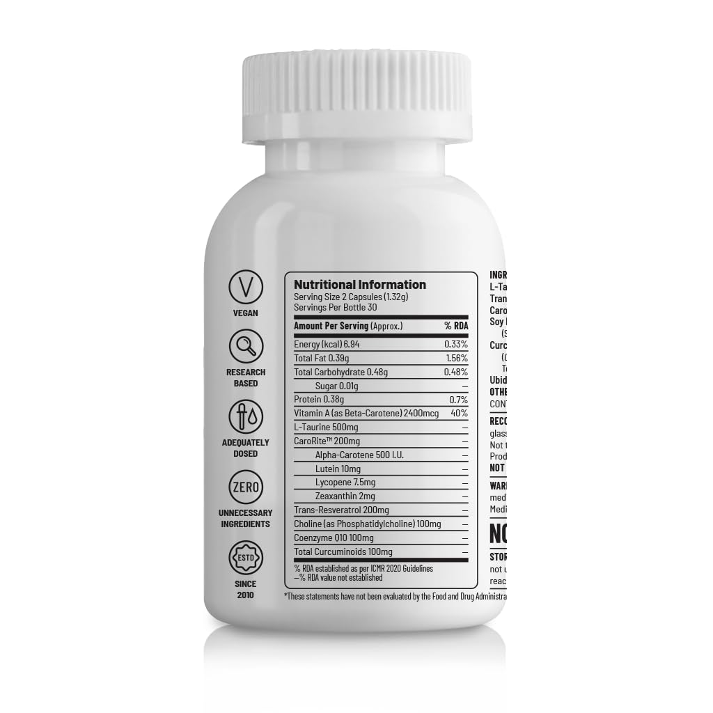 Unived Advanced nutrients With Carorite™ (Carotenoid complex), Coenzyme Q10, Curcumin, Trans-resveratrol, Choline & L-taurine | Advanced formula to support healthy aging | 60 Vegan Capsules