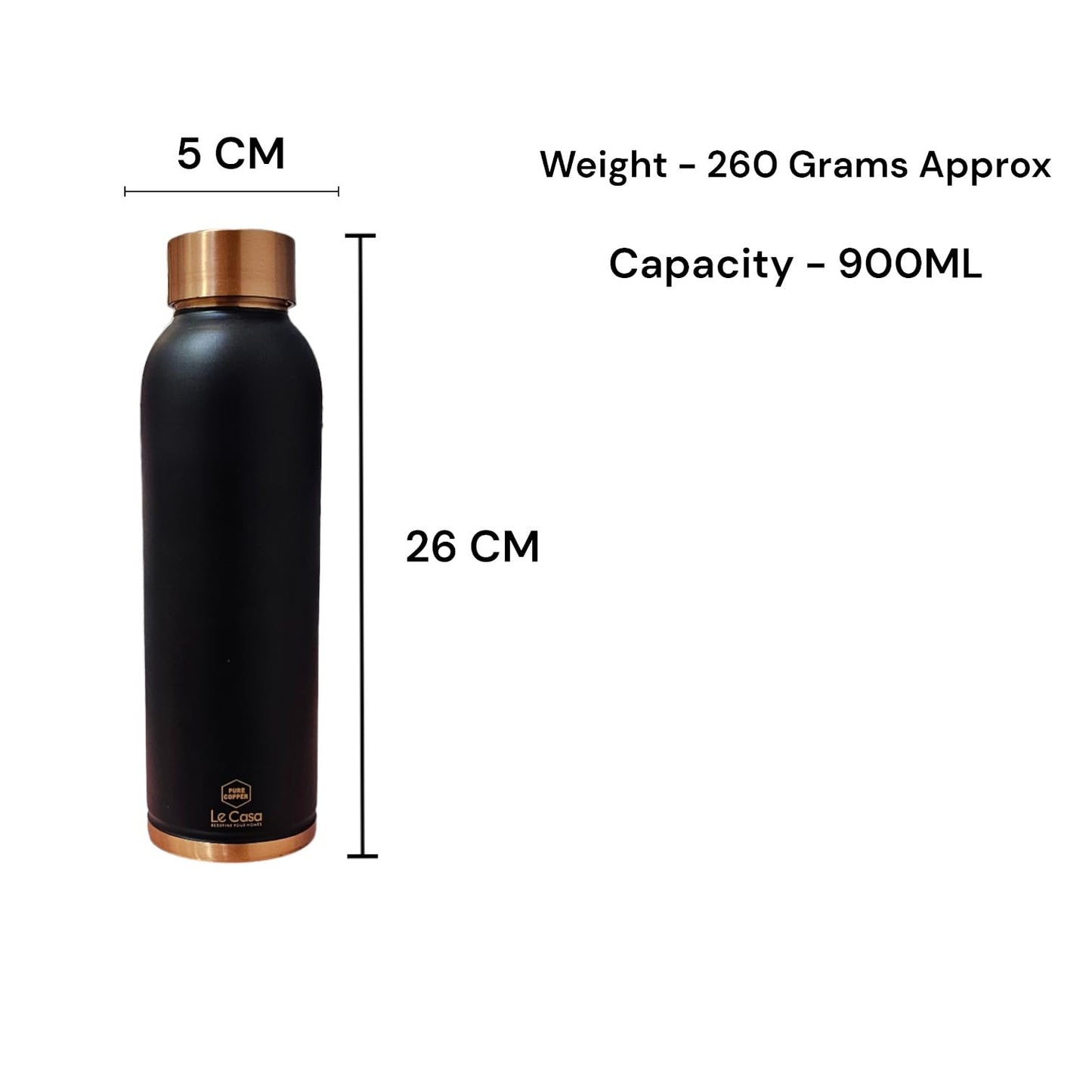 LeCasa - Duro Sports Copper Water Bottle | Black | Capacity - 900ML | 100% Pure Copper With ISO Certifiction |