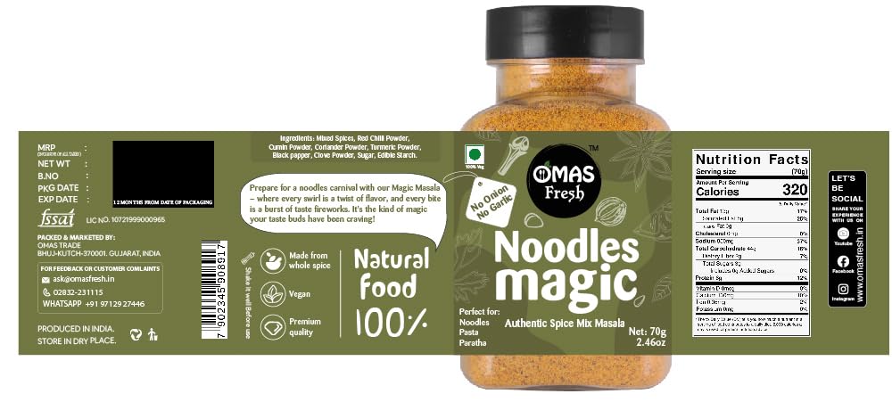 Omas Fresh No Onion, No Garlic Noodles Magic Authentic Spice Mix Masala Powder 70G | Jain Masala Best for Making Noodles, Pasta, Paratha, Wrap, 0.068 Kg