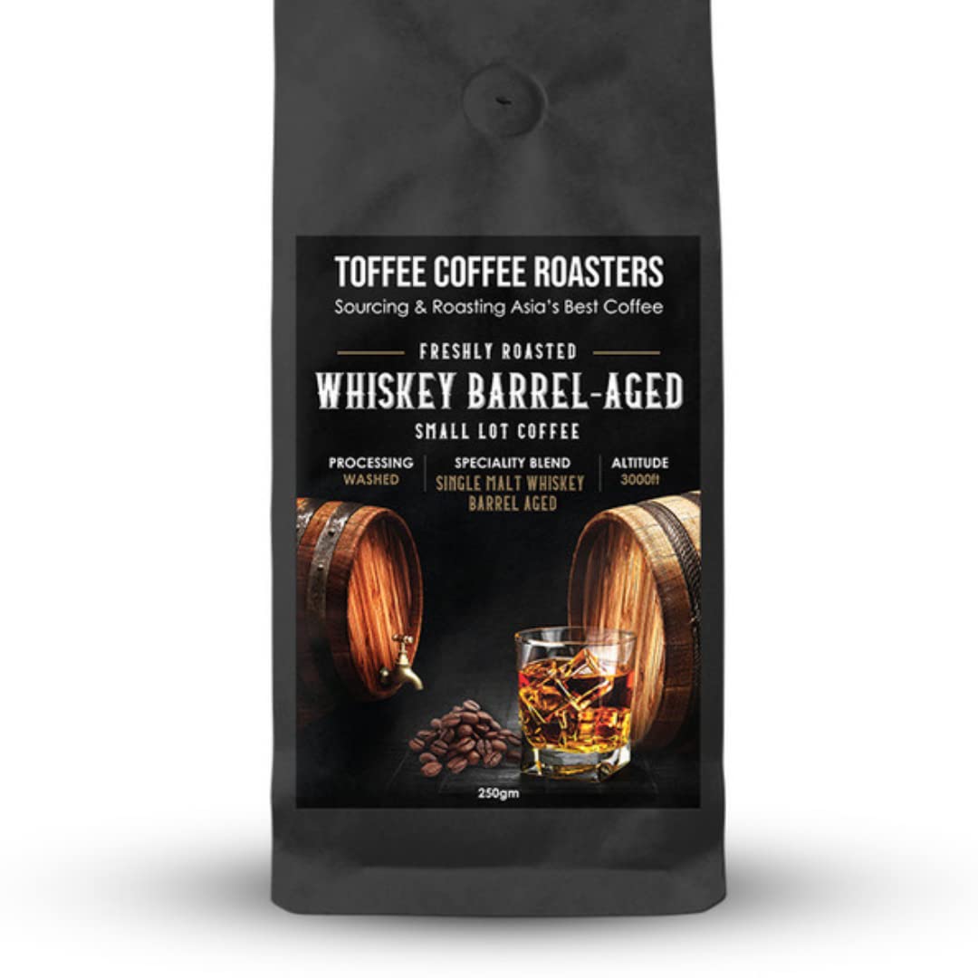 Toffee Coffee Roasters Single Malt Whiskey Barrel Aged-Whole Beans 250g | Medium Dark Roast | 100% Arabica | Specialty Coffee | Freshly Roasted | Notes: Fine Malt and Green Apple