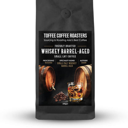 Toffee Coffee Roasters Single Malt Whiskey Barrel Aged-Whole Beans 250g | Medium Dark Roast | 100% Arabica | Specialty Coffee | Freshly Roasted | Notes: Fine Malt and Green Apple