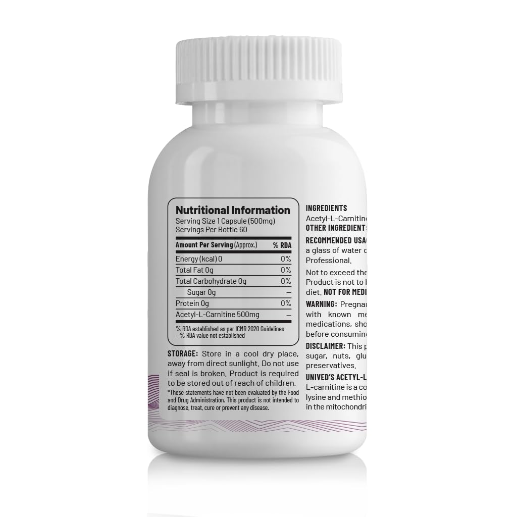 Unived Acetyl L-Carnitine 500mg | Supercharges Brain Function, Fat Loss, & Reaction Time. | Single Ingredient, Flavorless & Caffeine Free | 60 Vegan Capsules