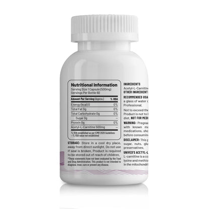 Unived Acetyl L-Carnitine 500mg | Supercharges Brain Function, Fat Loss, & Reaction Time. | Single Ingredient, Flavorless & Caffeine Free | 60 Vegan Capsules