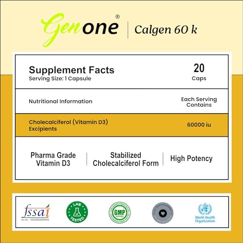 GenOne Calgen D3 Vitamin D3 Capsule for boosting immunity, Healthy bones and Strong muscles (20 Caps)