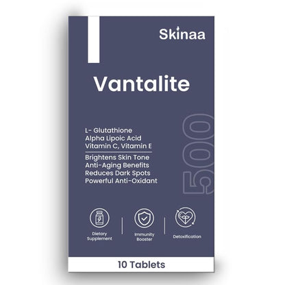Vantalite L Glutathione Tablets for Skin Whitening 500mg | Glutathione Supplement with Alpha Lipoic Acid, Vitamin C, Vitamin E For Glowing Skin | Anti-Aging Antioxidant | Vegan | 10 Tablets