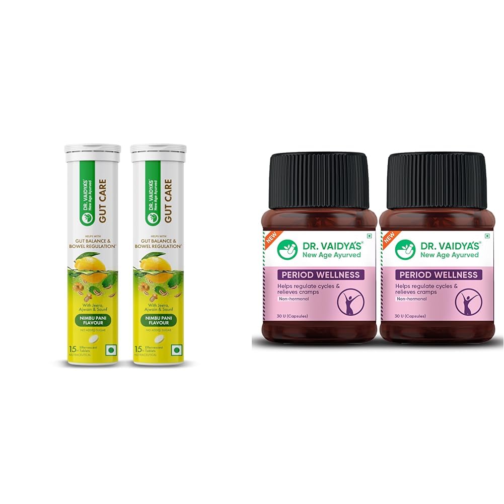 Dr. Vaidya’s Gut Care Effervescent Tablets | Helps reduce bloating & acidity, improves digestion, | Dr. Vaidya's Period Wellness Capsules | Reduces Period Cramps & Pain | Supports Reproductive Healt