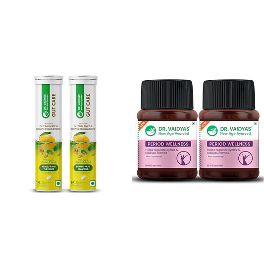 Dr. Vaidya’s Gut Care Effervescent Tablets | Helps reduce bloating & acidity, improves digestion, | Dr. Vaidya's Period Wellness Capsules | Reduces Period Cramps & Pain | Supports Reproductive Healt