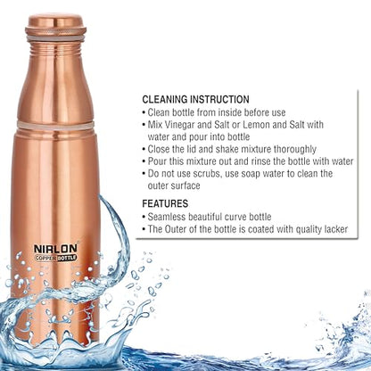 NIRLON Amrutam Copper/Tamba Water Bottle with Glass, 1000ml, 1 Piece, Copper | Leak Proof | Office Bottle | Gym Bottle | Yoga Bottle | Home | Kitchen | Hiking | Treking Bottle | Travel Bottle