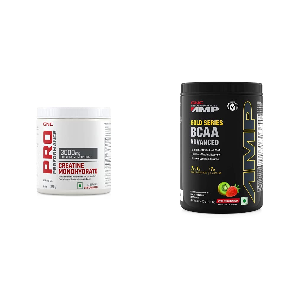 GNC Pro Performance Creatine Monohydrate 3000 Mg Supplement Powder - 250 G & Amp Gold Series BCAA Advanced - 400 Grams (Kiwi Strawberry),30 Servings
