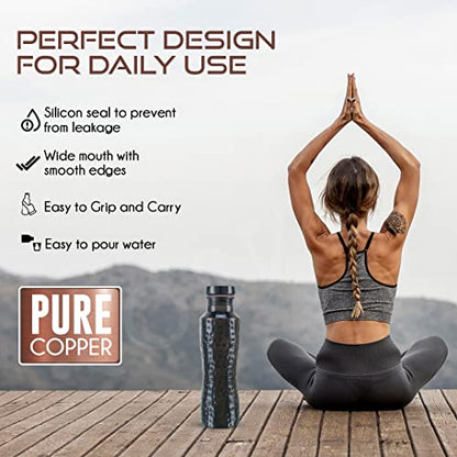 KOSVED Pure Copper Jasmine Antique Hammered Water Bottle| 100% Copper, Leak-proof, For Everyday Yoga Use, (800ml/ 27oz)