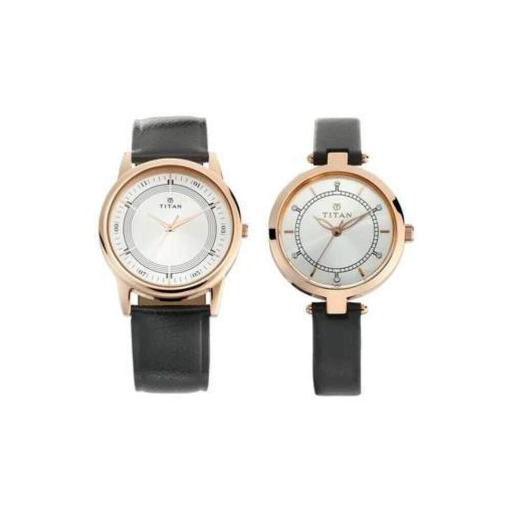 Titan Bandhan Quartz Analog Silver Dial Black Leather Strap Couple Watch - NT17732603WL01