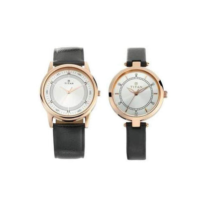 Titan Bandhan Quartz Analog Silver Dial Black Leather Strap Couple Watch - NT17732603WL01