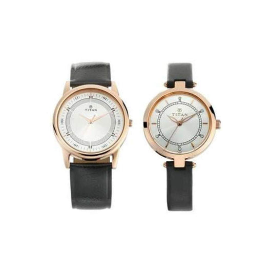 Titan Bandhan Quartz Analog Silver Dial Black Leather Strap Couple Watch - NT17732603WL01