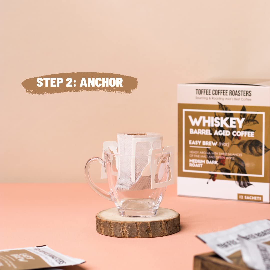 Toffee Coffee Roasters | Easy Brew (Hot Brew) Coffee | Single Malt Whiskey Barrel Aged Grounded Coffee | Pack of 8 Sachets | Medium Dark Freshly Roasted | Notes: Fine Malt & Green Apple