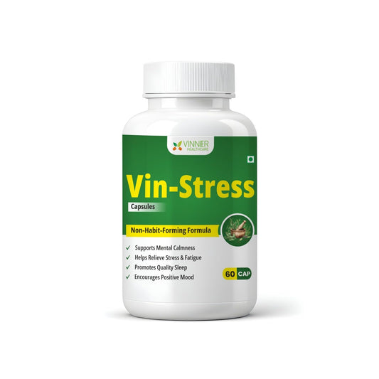 Vin-Stress Capsules | Ayurvedic Stress Relief & Sleep Support | Herbal Supplement with Ashwagandha, Shankhpushpi, Brahmi, Jatamansi, Tagar & More | 60 Capsules