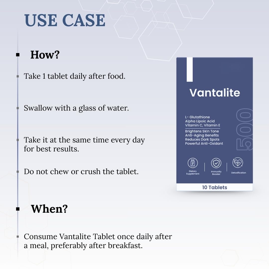 Vantalite L Glutathione Tablets for Skin Whitening 500mg | Glutathione Supplement with Alpha Lipoic Acid, Vitamin C, Vitamin E For Glowing Skin | Anti-Aging Antioxidant | Vegan | 10 Tablets
