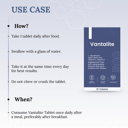 Vantalite L Glutathione Tablets for Skin Whitening 500mg | Glutathione Supplement with Alpha Lipoic Acid, Vitamin C, Vitamin E For Glowing Skin | Anti-Aging Antioxidant | Vegan | 10 Tablets