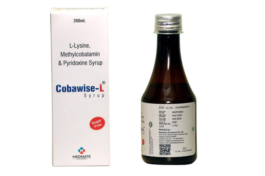 Medmate Cobawise-L Syrup, L-Lysine Methylcobalamin & Pyridoxine, Sugar Free, 200ml