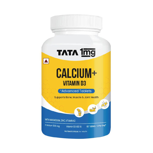 TATA 1mg Calcium & Vitamin D3 supplement with Zinc, Magnesium & Alfalfa | High absorption Calcium Citrate Malate form | 500mg Calcium & 400iu Vitamin D3 | For strong bones & joints | 60 tablets