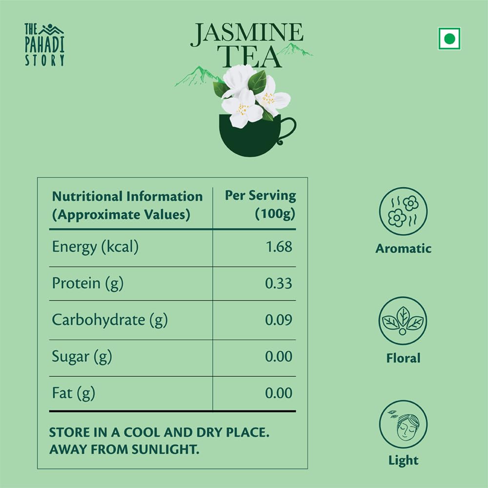 The Pahadi Story Jasmine Tea 50gm Natural Dried Jasmine Flowers With Green Tea Leaf For Weight Management, Healthy Heart and Good Oral Health, Antioxidant Herbal Green Tea