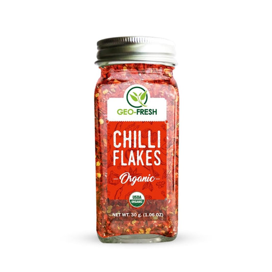Geo Fresh Organic Chilli Flakes, 30g | Seasoning| For Pizza, Pasta, Garlic Bread, Italian cusines| No Artifical Colour & Preservatives| 100% Organic, Non-GMO, USDA Certified, Jaivik Bharat Certified
