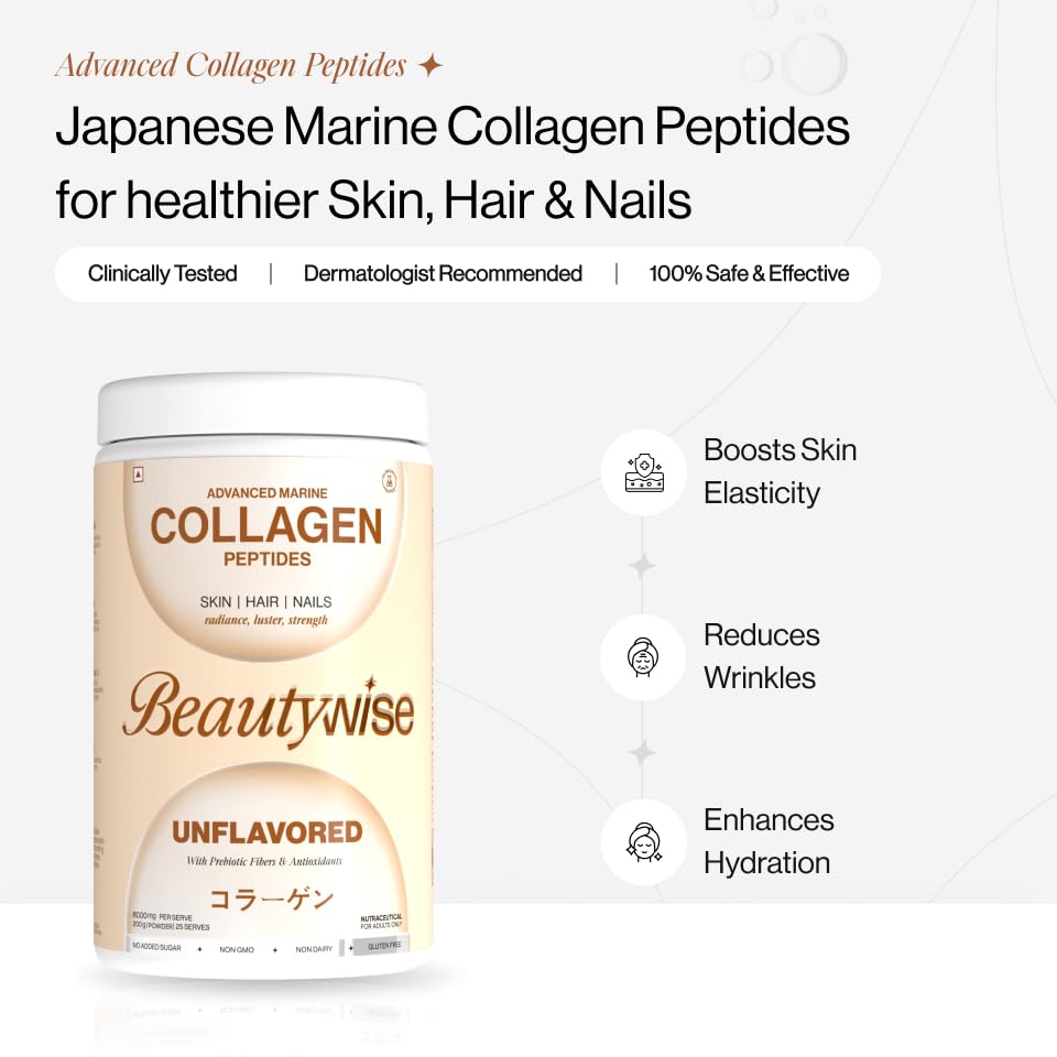 Beautywise Advanced Marine Collagen Peptides With Hyaluronic Acid, Glutathione & Biotin | No Smell & Easy To Mix With No Added Sugar 200G (Unflovoured Pack Of 1)