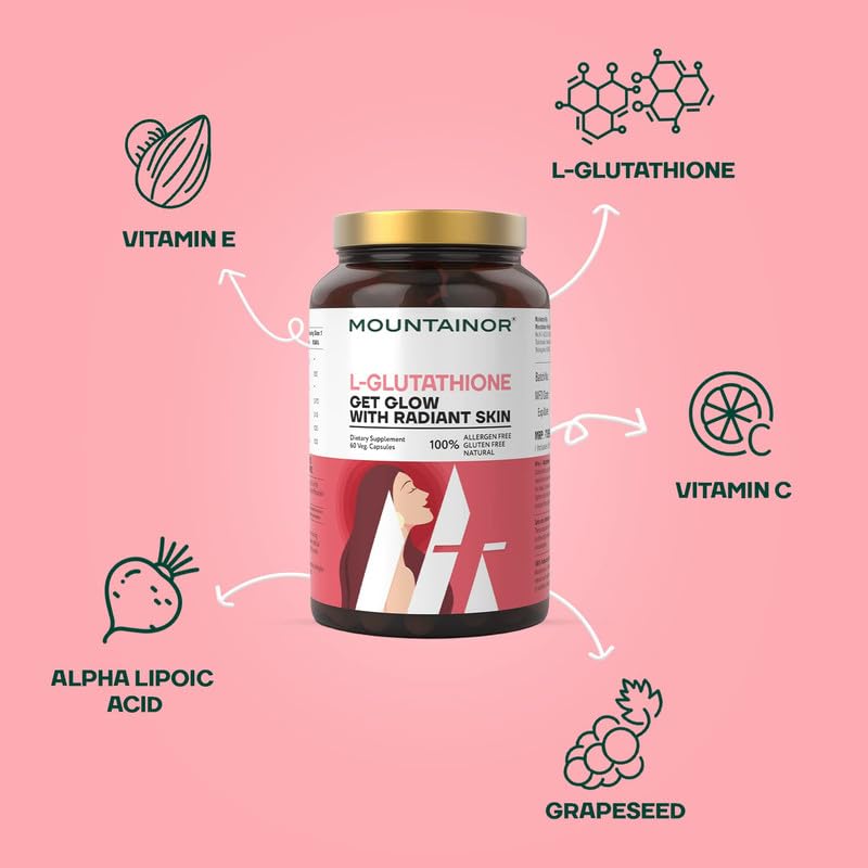 MOUNTAINOR L Glutathione 1000mg For Healthy, Brightening & Radiant Skin (60 Veg Caps) For Men & Women With Vitamin C, Biotin
