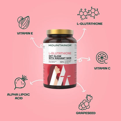 MOUNTAINOR L Glutathione 1000mg For Healthy, Brightening & Radiant Skin (60 Veg Caps) For Men & Women With Vitamin C, Biotin
