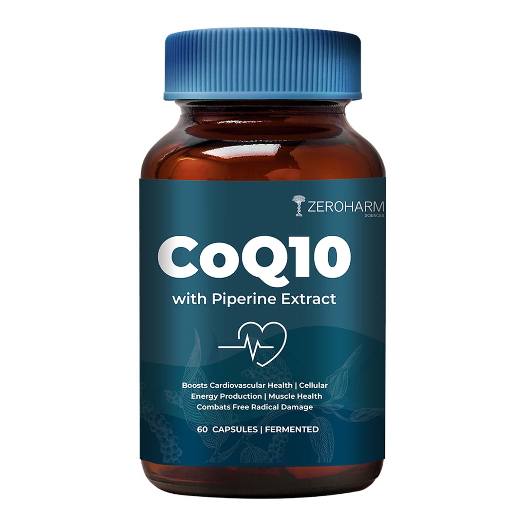 ZEROHARM CoQ10 250 mg with Piperine & Grape Seed Extract - High Absorption-Fermented Coenzyme Q10 Supplement- Antioxidant Support For Men & Women - 60 Veg Capsules