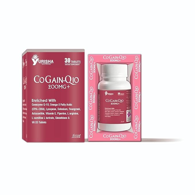 Yurisha Healthcare CoGain-Q10 Dietary Supplement | 30 Tablets with Coenzyme Q-10 and Omega-3 Fatty Acids (PACK of 2) (200MG+)