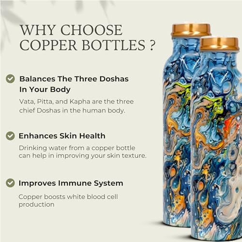 Printed Copper Bottle - Copper Water Bottle 1+ Litre - Floral Water Bottle - Pure Copper Bottle For Office & Home - Water Bottle Copper For Women - Water Bottle For Men - Gym Water Bottle Copper