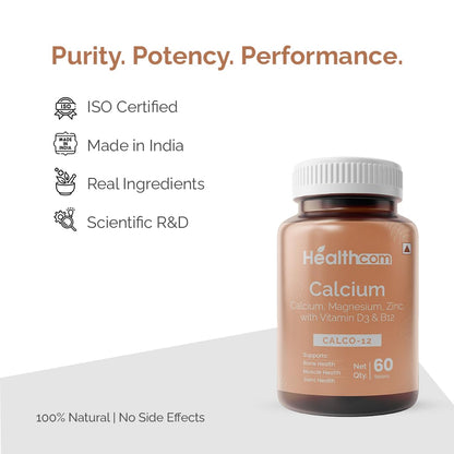 Healthcom Nutra CALCO-12 Calcium 60 Tablets Pack | Magnesium, Zinc With Vitamin D3 & B12 Capsule for Men & Women | For Stronger Bones, Immunity Improves Joints & Muscles Metabolism