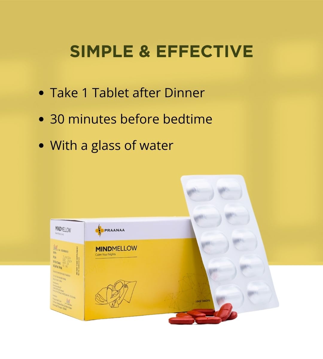 Praanaa Health Care MindMellow | Sleep Support and Stress Relief Supplement with Melatonin Ashwagandha L-Theanine | Doctor Formulated Relaxation Tablets (100 Count)