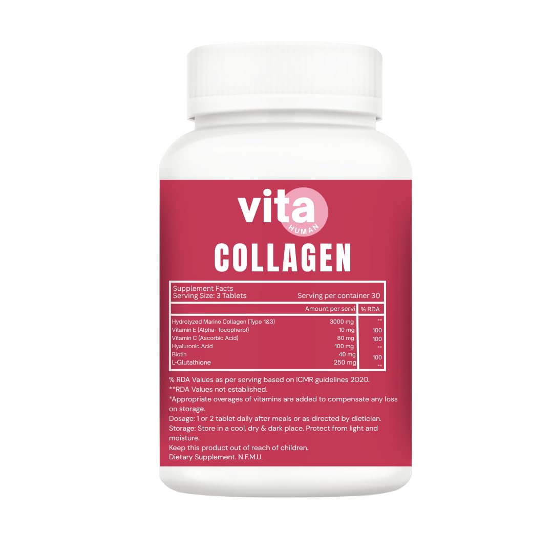 Vitahuman Hydrolyzed Marine Collagen Type 1 & 3 Tablets with Vitamin C, E, Hyaluronic Acid, Biotin & L-Glutathione – For Skin Glow, Firmness & Anti-Aging | 60 Tablets