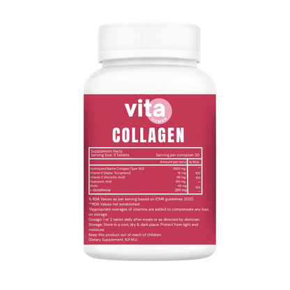 Vitahuman Hydrolyzed Marine Collagen Type 1 & 3 Tablets with Vitamin C, E, Hyaluronic Acid, Biotin & L-Glutathione – For Skin Glow, Firmness & Anti-Aging | 60 Tablets